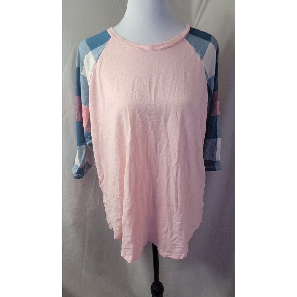 Torrid Size 1 Super Soft Pink Slub Jersey Shirt Plaid Raglan Sleeve Casual Top